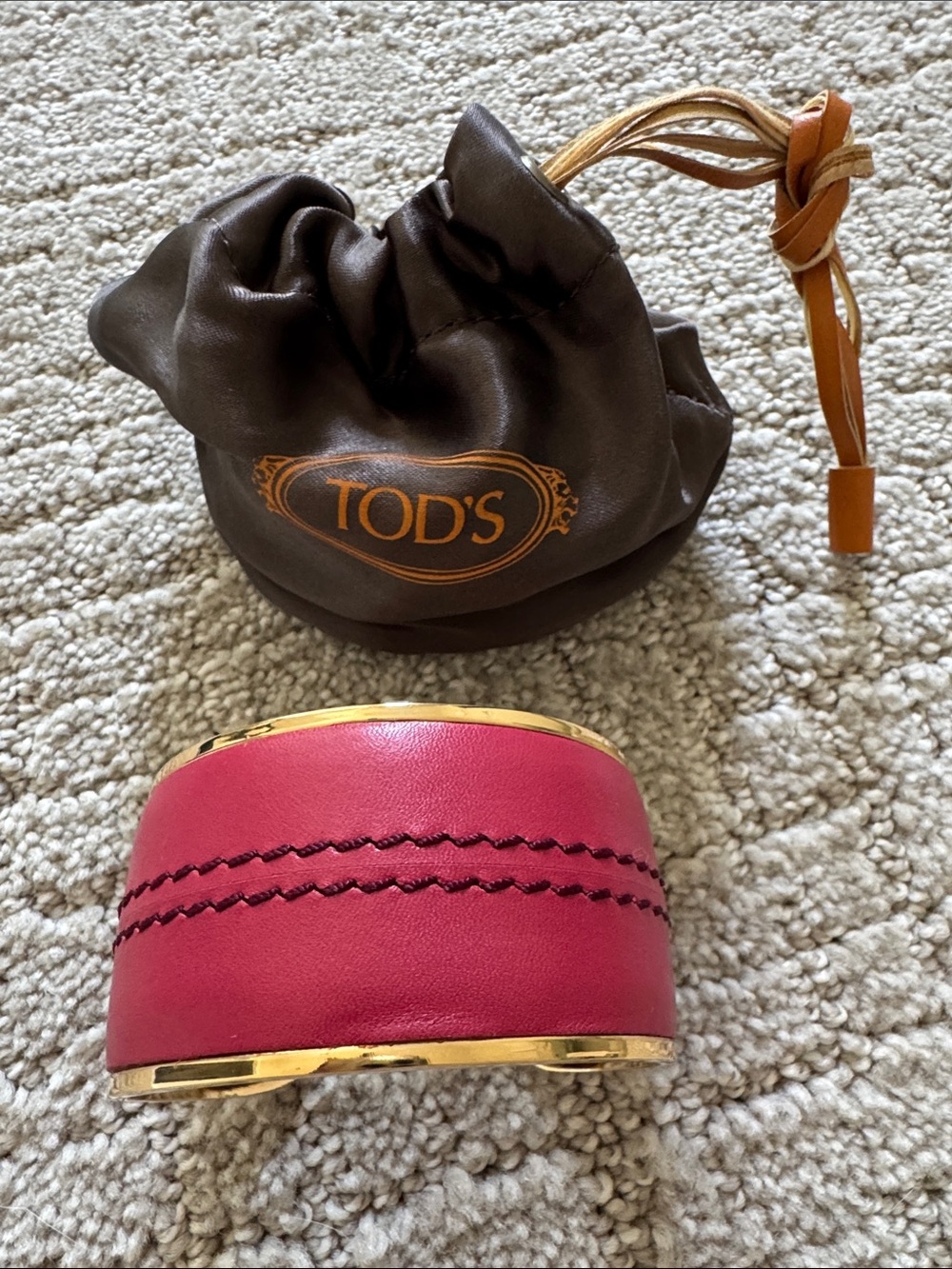 Tod’s Pink Leather Gold-Tone Wide Cuff Bracelet